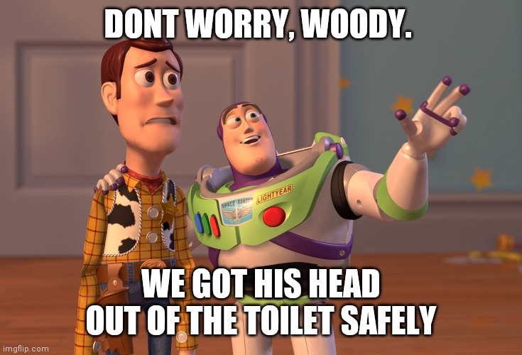 X, X Everywhere Meme | DONT WORRY, WOODY. WE GOT HIS HEAD OUT OF THE TOILET SAFELY | image tagged in memes,x x everywhere | made w/ Imgflip meme maker