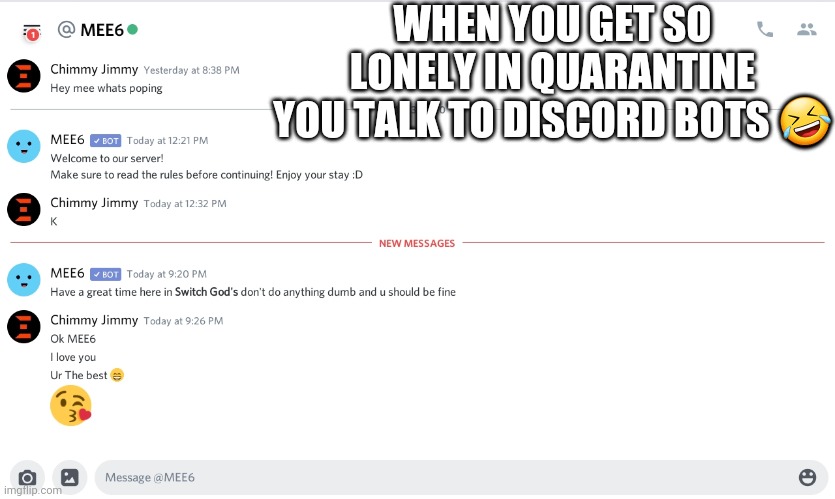 WHEN YOU GET SO LONELY IN QUARANTINE YOU TALK TO DISCORD BOTS 🤣 | image tagged in yee dinosaur,fun stuff | made w/ Imgflip meme maker