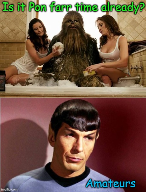 When is Star Trek day you ask? The other 364 days of the year! | Is it Pon farr time already? Amateurs | image tagged in chewbacca,memes,star wars,star trek,spock,pon farr | made w/ Imgflip meme maker