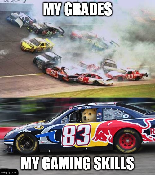 MY GRADES; MY GAMING SKILLS | image tagged in memes,because race car,race car doge | made w/ Imgflip meme maker