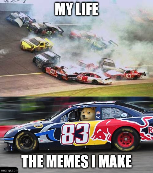 MY LIFE; THE MEMES I MAKE | image tagged in memes,because race car,race car doge | made w/ Imgflip meme maker