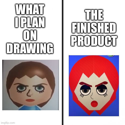This shows you how much of a good artist I am. | THE FINISHED PRODUCT; WHAT I PLAN ON DRAWING | image tagged in t chart,art,drawing,art memes,memes,funny | made w/ Imgflip meme maker