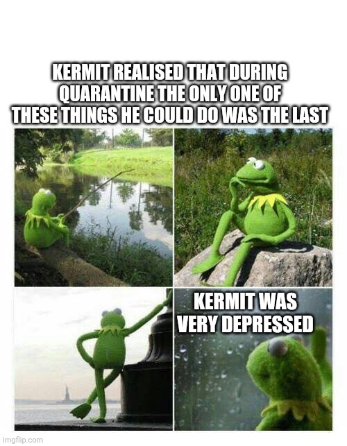 kermit sad montage compilation | KERMIT REALISED THAT DURING QUARANTINE THE ONLY ONE OF THESE THINGS HE COULD DO WAS THE LAST; KERMIT WAS VERY DEPRESSED | image tagged in kermit sad montage compilation | made w/ Imgflip meme maker