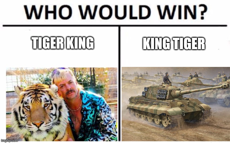 Who would win, Tiger King or King Tiger ? |  TIGER KING; KING TIGER | image tagged in memes,who would win,tiger king,king tiger,tiger ii | made w/ Imgflip meme maker