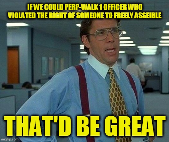 That Would Be Great Meme | IF WE COULD PERP-WALK 1 OFFICER WHO VIOLATED THE RIGHT OF SOMEONE TO FREELY ASSEIBLE; THAT'D BE GREAT | image tagged in memes,that would be great | made w/ Imgflip meme maker