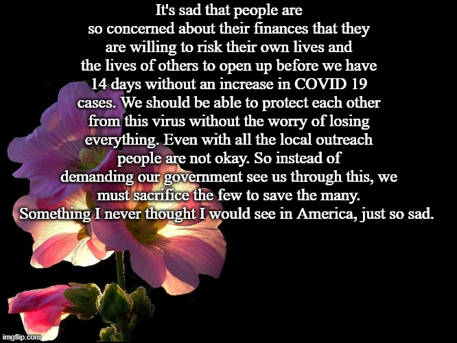 Pink Flowers black background | It's sad that people are so concerned about their finances that they are willing to risk their own lives and the lives of others to open up before we have 14 days without an increase in COVID 19 cases. We should be able to protect each other from this virus without the worry of losing everything. Even with all the local outreach people are not okay. So instead of demanding our government see us through this, we must sacrifice the few to save the many. Something I never thought I would see in America, just so sad. | image tagged in pink flowers black background | made w/ Imgflip meme maker