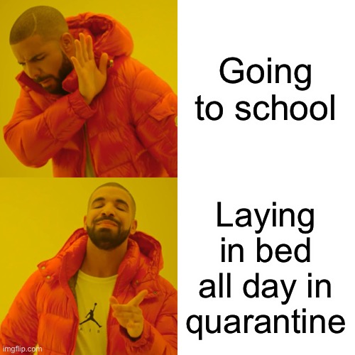 Drake Hotline Bling Meme | Going to school; Laying in bed all day in quarantine | image tagged in memes,drake hotline bling | made w/ Imgflip meme maker