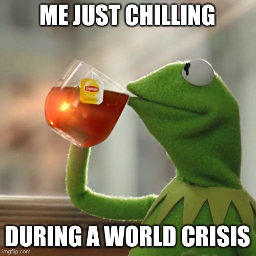 But That's None Of My Business Meme | ME JUST CHILLING; DURING A WORLD CRISIS | image tagged in memes,but that's none of my business,kermit the frog | made w/ Imgflip meme maker