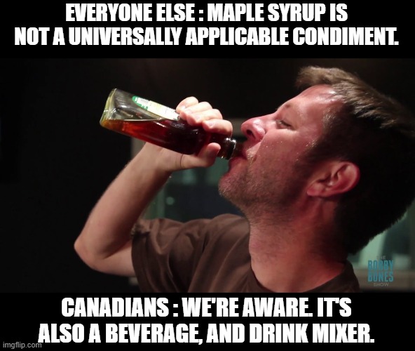 Syrup Addict | EVERYONE ELSE : MAPLE SYRUP IS NOT A UNIVERSALLY APPLICABLE CONDIMENT. CANADIANS : WE'RE AWARE. IT'S ALSO A BEVERAGE, AND DRINK MIXER. | image tagged in funny food | made w/ Imgflip meme maker