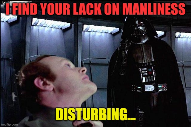 I find your lack of faith disturbing | I FIND YOUR LACK ON MANLINESS DISTURBING... | image tagged in i find your lack of faith disturbing | made w/ Imgflip meme maker