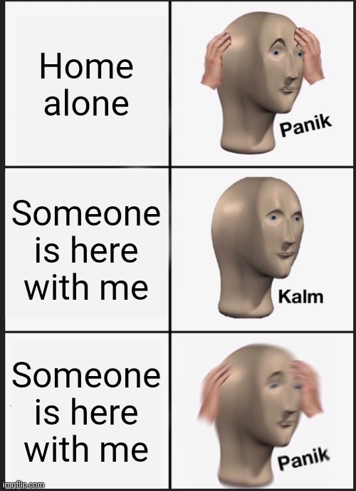 Panik Kalm Panik | Home alone; Someone is here with me; Someone is here with me | image tagged in memes,panik kalm panik | made w/ Imgflip meme maker