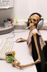 Hyped-up Skeleton at Desk Meme Template