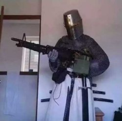 Crusader knight with M60 Machine Gun Meme Template