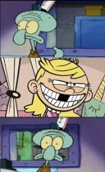 Squidward is scared of Lola loud Meme Template