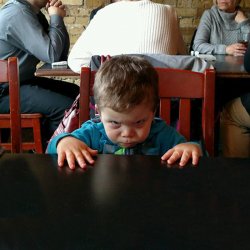 Hangry toddler at restaurant Meme Template
