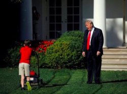 Trump yells at lawnmower kid Meme Template