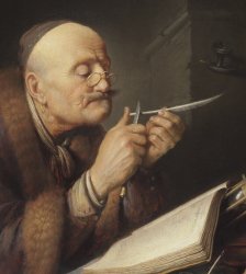 Gerrit Dou, Old Scholar sharpening a Quill Pen Meme Template