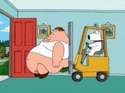 Peter griffin getting escorted out of the house by forklift Meme Template