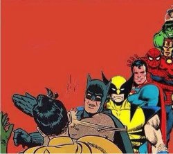 Batman Slapping Robin with Superheroes Lined Up Meme Template
