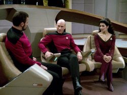 Riker Picard Troi chatting on the bridge Meme Template