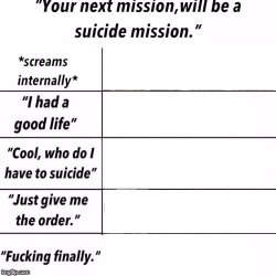 "Your next mission will be a suicide mission" Meme Template