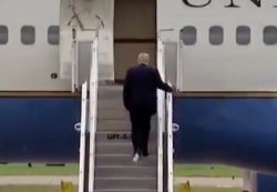 Donald Trump boards Air Force One with toilet tissue stuck to sh Meme Template