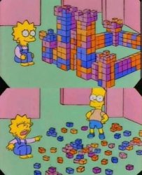 Bart breaks Lisa's castle Meme Template