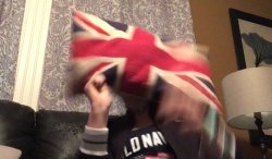 Person wearing an American Flag getting hit by British Flag Meme Template