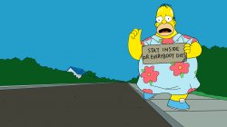 Homer Simpson in Moo Moo trying to hitch hi  with Cardboard Sign Meme Template
