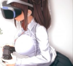 Cute anime girl playing PlayStation Virtual Reality Meme Template
