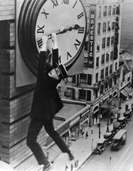 Harold Lloyd hanging on clock Meme Template