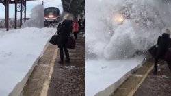 Amtrak train plows snow on people Meme Template