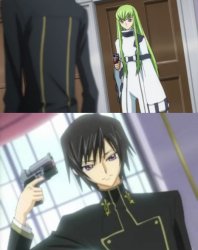 CC vs Lelouch Standoff Meme Template