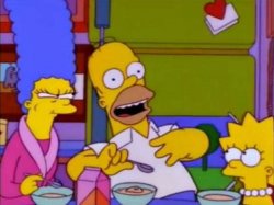 Happy Homer, Angry Marge and Curious Lisa at the table Meme Template