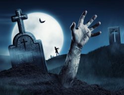 Gravestone + zombie arm rises from ground + full moon Meme Template