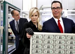 Louise Linton And Steve Mnuchin At Treasury with sheet of Money Meme Template