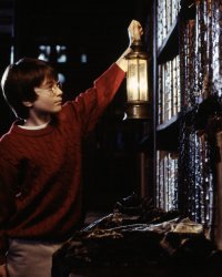 Harry Potter holding lantern up to bookshelf Meme Template