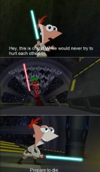 Phineas and Ferb Lightsaber Battle Meme Template