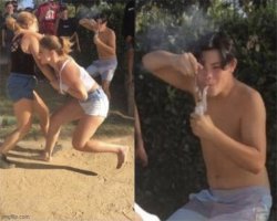 Guy smoking while two people fight Meme Template
