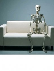 Still waiting skeleton sitting on sofa with legs apart Meme Template