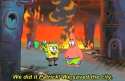 Spongebob we saved the city Meme Template