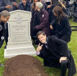 Grant Gustin on Green Arrow's grave Meme Template