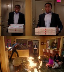 troy coming back from pizza Meme Template