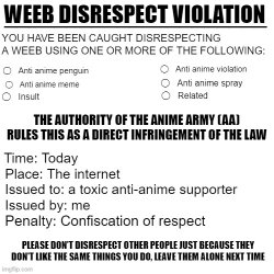Weeb disrespect violation Meme Template