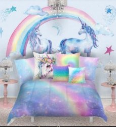 Unicorn and rainbow themed hotel room Meme Template