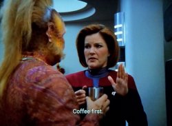 Janeway Coffee First. Meme Template
