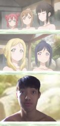 School Idol girls staring at Nervous me in the hot springs Meme Template