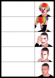 clown applying makeup reversed - 5 faces Meme Template