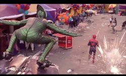Spiderman chased by Green Goblin back view Meme Template