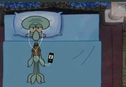 SpongeBob Squidward listening to music in bed Meme Template